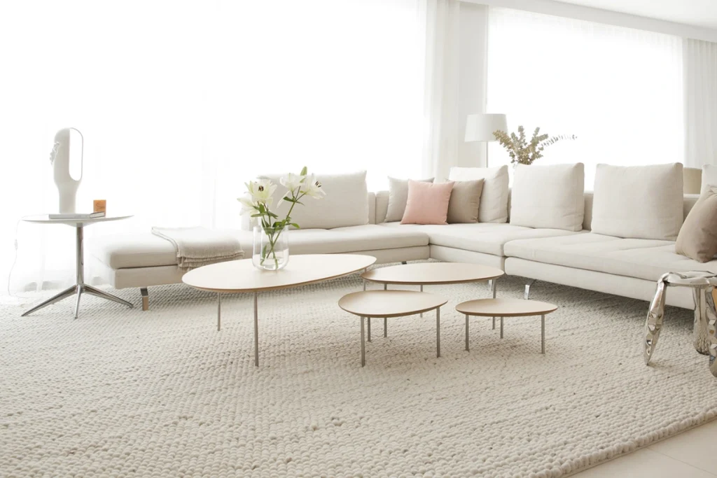Sala com formas ôrganicas nos móveis, objetos e mobiliário. 